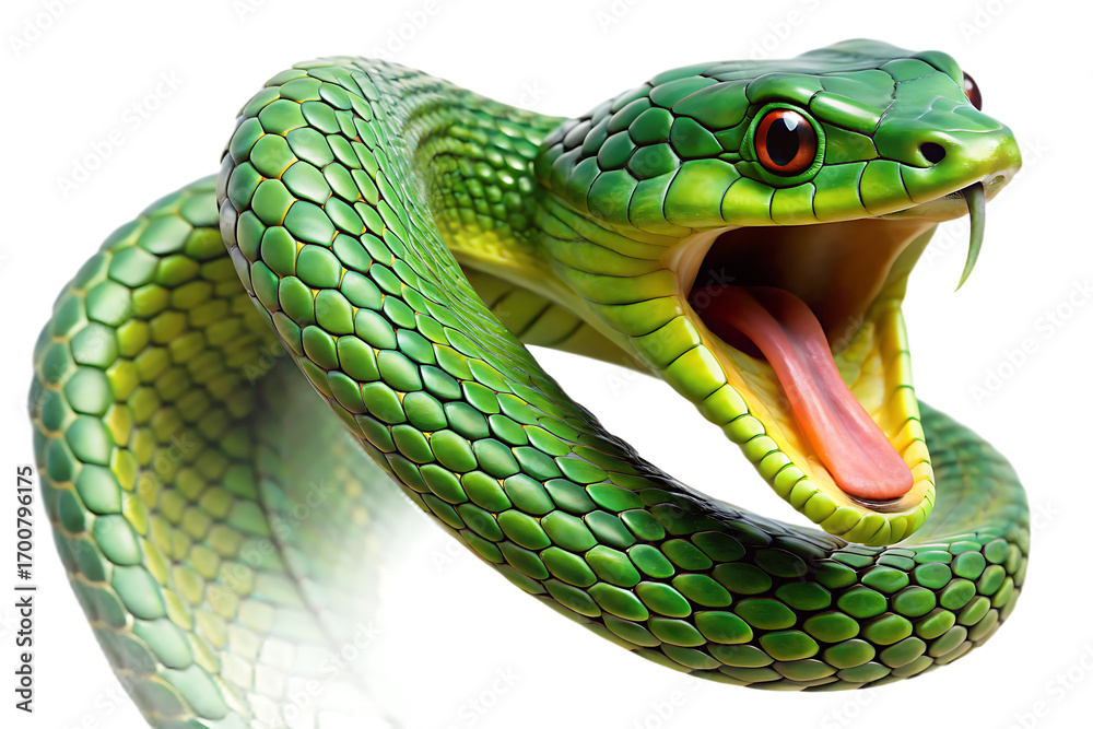 Fototapeta premium Green serpent hissing open mouth isolated on a transparent background