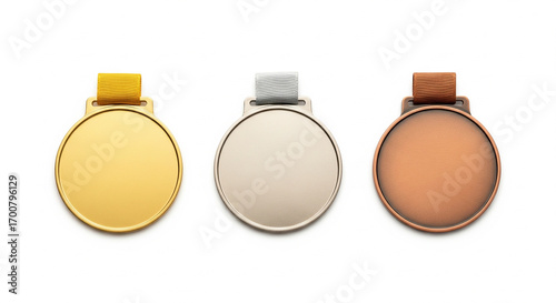 gold silver and bronze medals side by side isolated on white background wide format