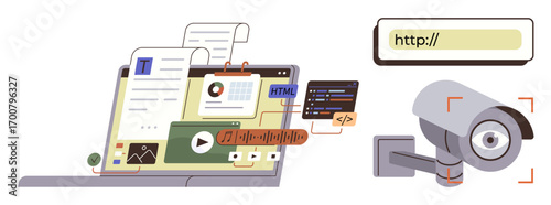 Open laptop with code, files, media, and tools, next to a CCTV camera and URL bar. Ideal for cybersecurity, surveillance, online privacy, data protection monitoring technology digital safety