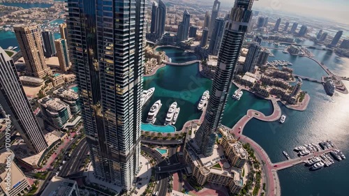 Aerial video view of modern skyscrapers and marina in a vibrant cityscape, showcasing urban architecture and waterfront luxury from above.