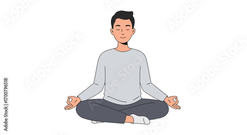 Man practicing meditation in lotus position, promoting mindfulness and inner peace on white