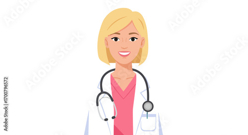 Smiling female doctor with blonde hair wearing a white coat and stethoscope, professional medical illustration