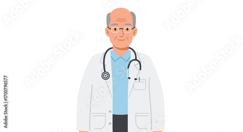 Wise Senior Male Doctor Illustration with Stethoscope and Lab Coat, Professional Healthcare Expert