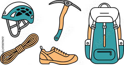 Climbing gear icons including helmet, rope, ice axe, climbing shoe, and backpack, outdoor adventure equipment vector set