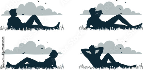 Man relaxing in grass outdoors, casual resting pose, silhouette illustration with clouds and birds, peaceful leisure scene
