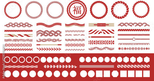 Japanese Decorative Pattern Vector Set with “福” Symbol, Braided Ropes, Geometric Motifs, and Festive Red and White Traditional Designs