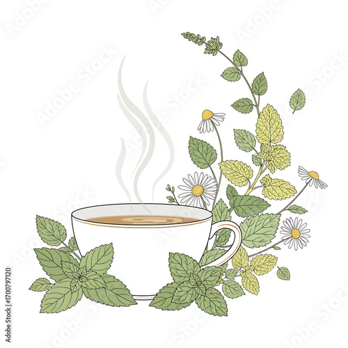 Herbal tea with sophisticated vector leaves cup and steam design