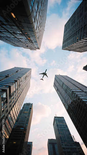 Low angle of Airplane Flying Over City Skyscrapers from Worms Eye View