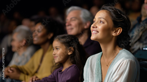 A diverse family enjoying a cultural theater performance, sharing authentic moments of awe, blending classic plays with modern staging, diverse families, authentic moments, hybrid 