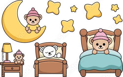 Cute teddy bear bedtime illustration, cartoon sleeping bear with moon and stars, nursery room decoration, baby night design