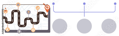 Digital roadmap with winding path, icons marking milestones, and target pin on map. Connected to circular nodes via branching lines. Ideal for strategy, goals, planning, journey, timeline progress