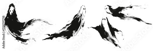 Spooky Halloween ghost illustration in Asian ink brush stroke style with haunting spirit shapes
