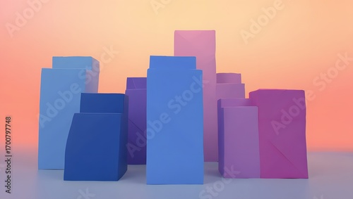 Urban Silhouette: A vibrant depiction of an urban landscape featuring a collection of colorful buildings against a pastel gradient sky, offering a creative representation of a cityscape.