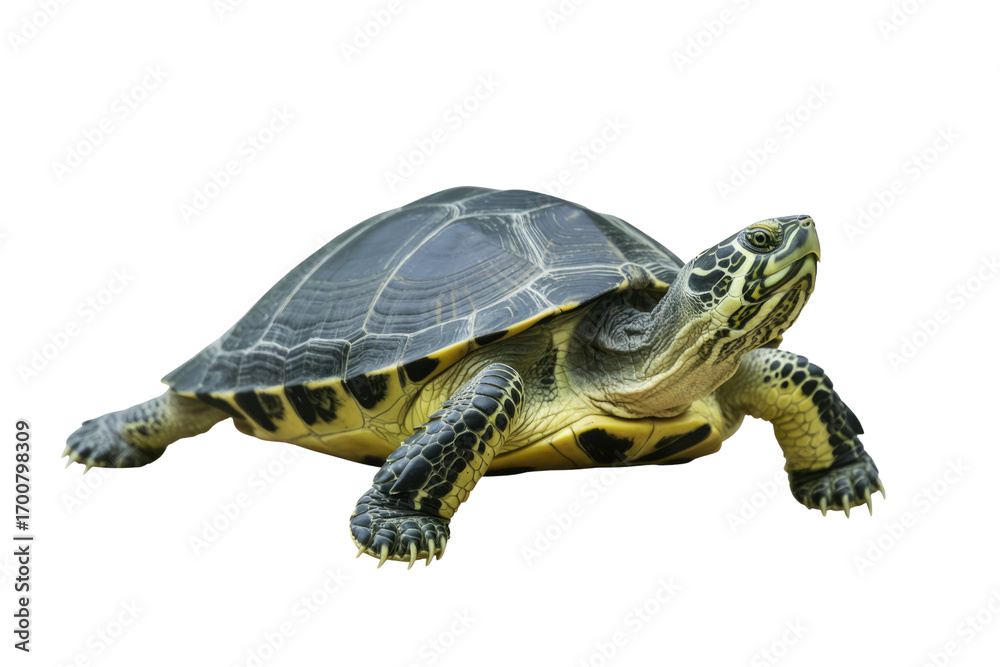 Obraz premium A vibrant green and black turtle with sharp claws, isolated on a transparent background. background removed