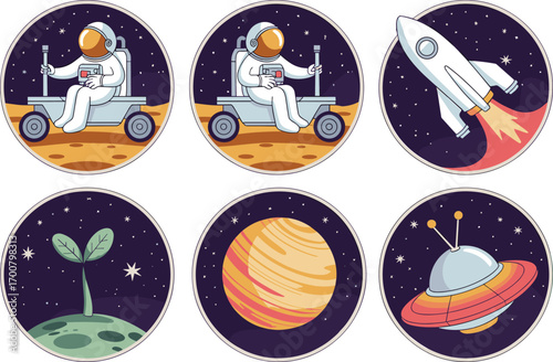 Astronaut space exploration illustration, rocket spaceship, alien planet, astronaut driving rover, futuristic galaxy design, cosmic adventure artwork, universe