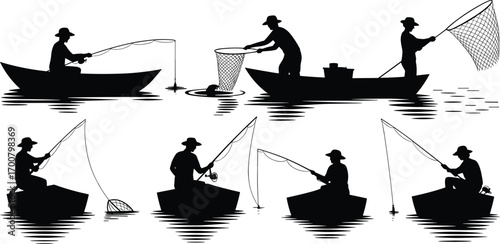 Fishing silhouette illustration, fisherman in boat, catching fish with rod, net fishing, outdoor activity, lake river angler design