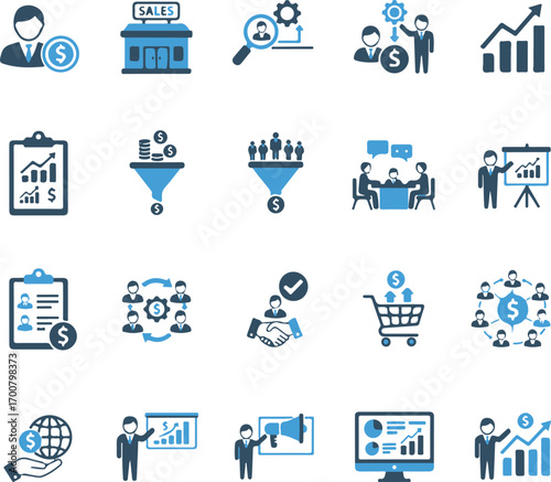 Sales and Marketing line icon set. SEO, promotion, sales dashboard, report, targeting, ad, sales funnel, and Sales strategy outline icon collection.