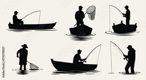 Fishing silhouette illustration, fisherman with rod, angler in boat, fishing net design, outdoor activity, river lake sport hobby