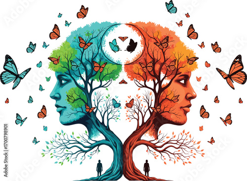 Dual Human Tree Profiles with Butterflies and Crescent Moon Symbolizing Balance, Emotion, Logic, Transformation, Connection, and Nature-Inspired Harmony