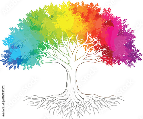 Rainbow Canopy Tree with Twisted Trunk and Root System Symbolizing Diversity, Unity, Growth, Nature Foundation, Artistic Expression, and Balance