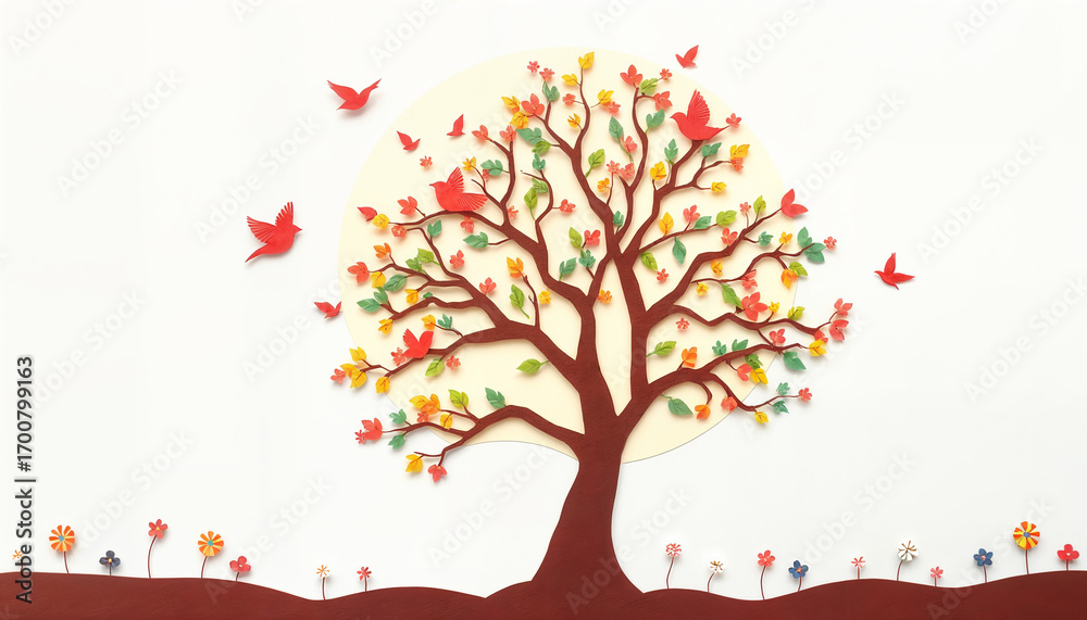 Fototapeta premium Paper cut tree with colorful leaves, flowers, and red birds.