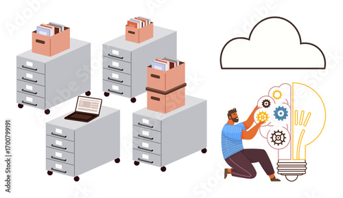 Stacked file cabinets with boxes and a laptop transitioning to a cloud. A person assembling gears and a lightbulb, symbolizing innovation. Ideal for technology, innovation, cloud storage