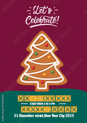 Lets Celebrate New Year Party Invitation Gingerbread Tree