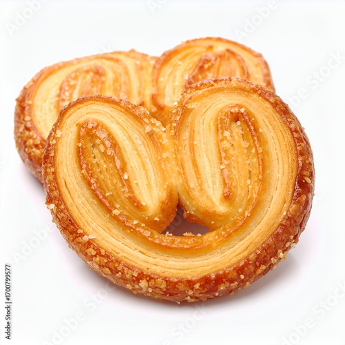 Delicate palmier pastry arrangement, featuring flaky layers and golden hue on white background