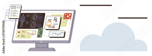 Wallpaper Mural Computer monitor shows health diagnostics, medical reports, prescriptions, and data charts alongside a cloud icon. Ideal for telemedicine, data analysis, eHealth, diagnostics, cloud storage remote Torontodigital.ca