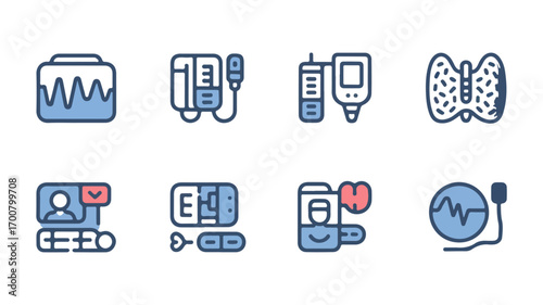 Modern minimalist vector icon set for telehealth digital clinics health apps and remote care platforms featuring diverse healthcare symbols