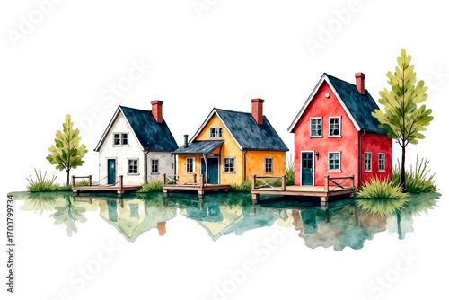 Hand-painted watercolor Scandinavian houses with green trees on white background. Ideal for greeting cards, nursery decor, kids stickers, clip art, forest themes, and seasonal DIY projects.