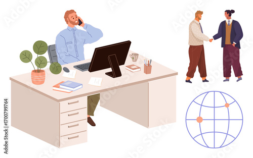 Man engaged in phone call at desk with plants and books, colleagues shaking hands nearby, globe symbolizing international networking. Ideal for business, teamwork, globalization, communication