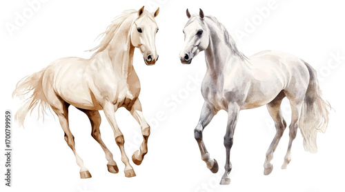 A set of horse watercolors on an isolated white background. Perfect for greeting cards, cliparts, nursery posters, nursery decor, invitations, DIY crafts and fancy animal-themed drawings.