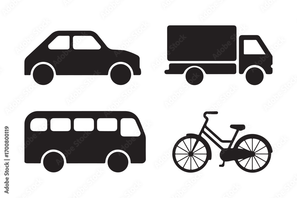 Fototapeta premium Four types of vehicles in black silhouette icons