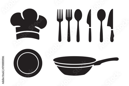 Culinary icons chef hat utensils plate and frying pan