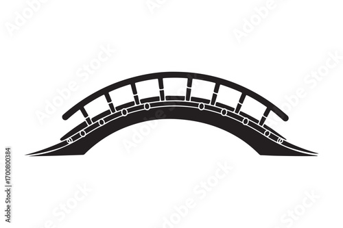 Black and white silhouette of a curved wooden bridge