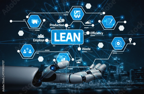 Papier peint A futuristic robotic hand illustrates key concepts of lean management, emphasizing efficiency, production, and waste reduction in a digital workplace setting