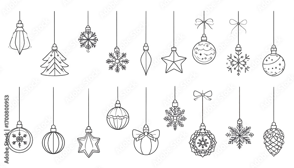 Fototapeta premium A collection of festive, outlined Christmas ornaments, perfect for coloring or design inspiration.