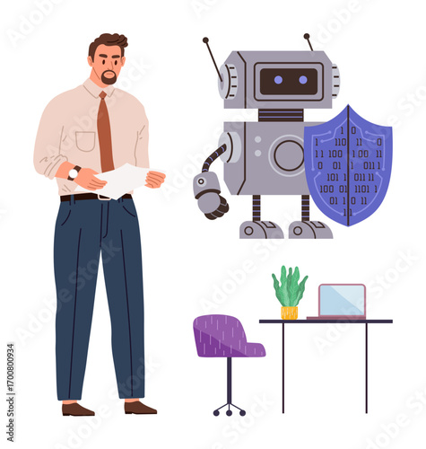 Man analyzing papers beside robot carrying shield with binary data, desk with chair, laptop, plant on top. Ideal for cybersecurity, AI, workplace safety, technology, research teamwork innovation