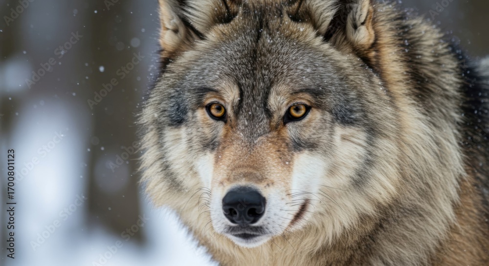 Fototapeta premium Close-up of wolf face with thick fur in snowy forest.