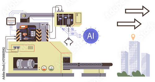 AI-powered manufacturing equipment with conveyor belts, robotic arms, and data processing unit arrows pointing to urban development. Ideal for automation, AI, technology, industry, innovation