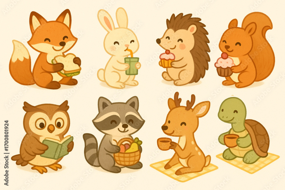 Fototapeta premium Playful forest animals picnic icon set, stylized vector illustration