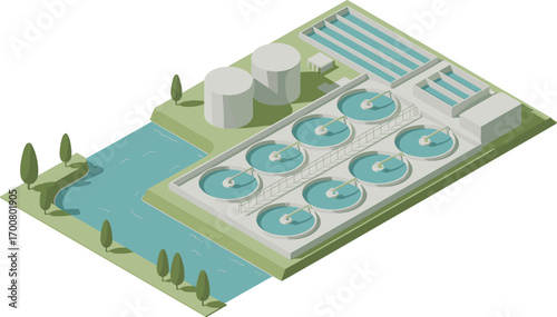 Isometric 3D illustration of water treatment plant, circular clarifiers, sedimentation tanks, clean water system, sustainable environmental technology, eco facility