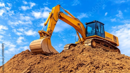 Heavy machinery at work. Heavy machinery working on a construction site, a bulldozer moving dirt and sand in a desert landscape. 