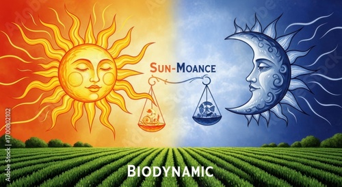 Illustration of sun and moon over field with biodynamic text below