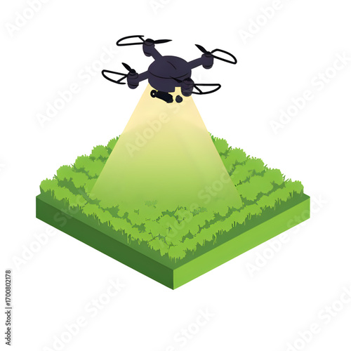 Drone technology surveys lush green crops in an isometric farm field.