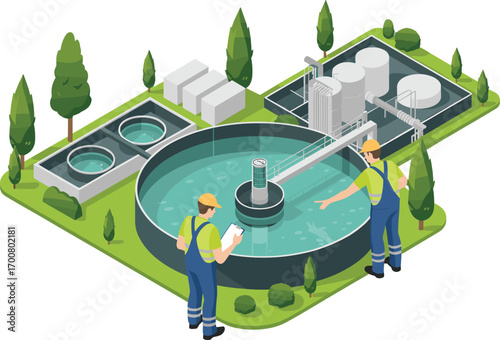 Modern isometric illustration of water treatment plant, wastewater management, clean water process, engineers inspecting facility, sustainable environmental infrastructure