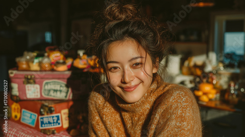 Young asian woman smiling, sitting near vintage suitcases and groceries, home atmosphere, preparing for travel