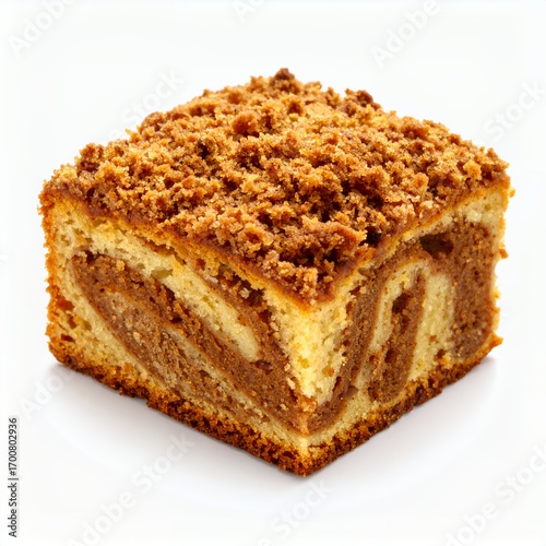 Delicious coffee crumb cake square with swirls of flavor on white background