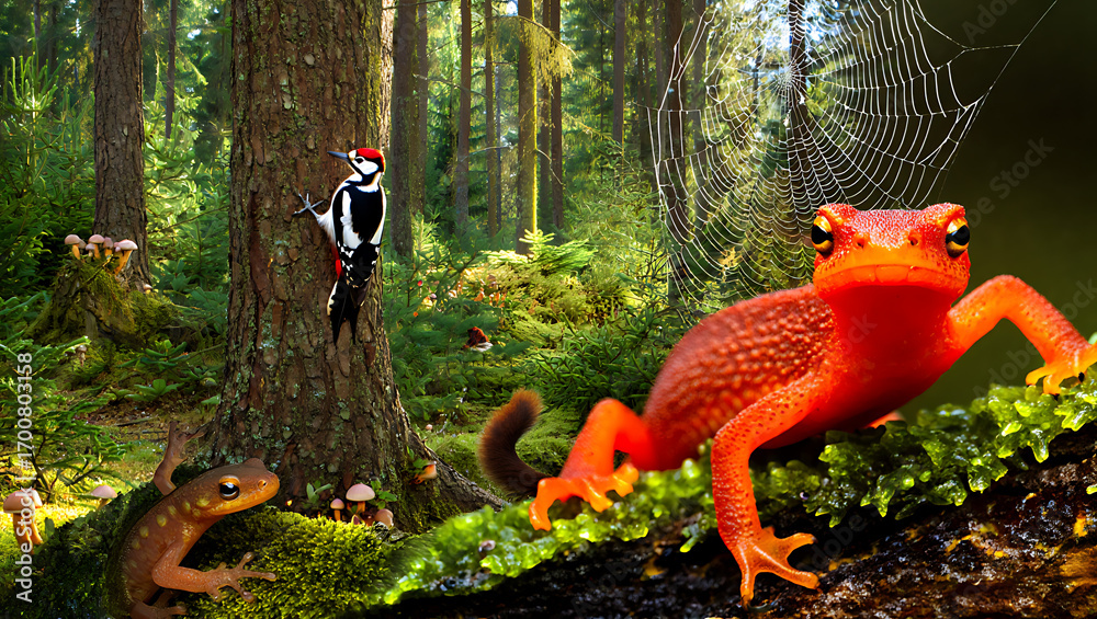 Obraz premium A vibrant red salamander perches on mossy bark in a sundappled forest, while a woodpecker clings to a nearby tree and a spiderweb glistens